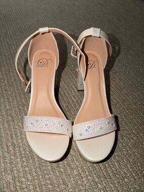 Delicious Ivory Rhinestone Ankle-Strap Block Heels